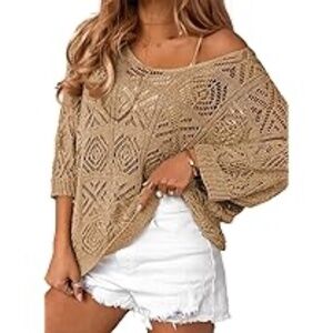 Dokoto Basic Knit Loose Short Sleeve Side Slit in Tan Brown